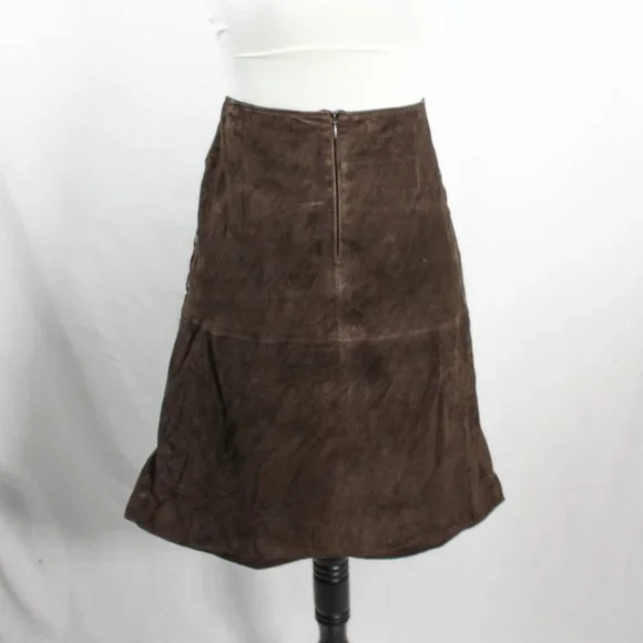 Vintage 1990s Chocolate Brown 100% Leather Sueded Skirt with Side Stitch - Picture 2 of 14